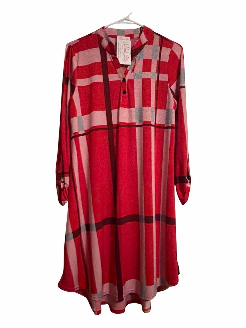 Pink Lily Red Plaid Henley Tunic Dress Roll Tab Sleeve NWT Sz L